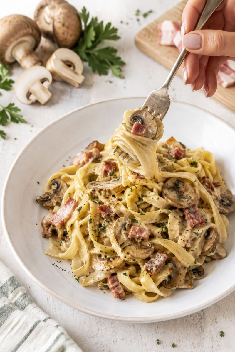 Fettuccine funghi e pancetta