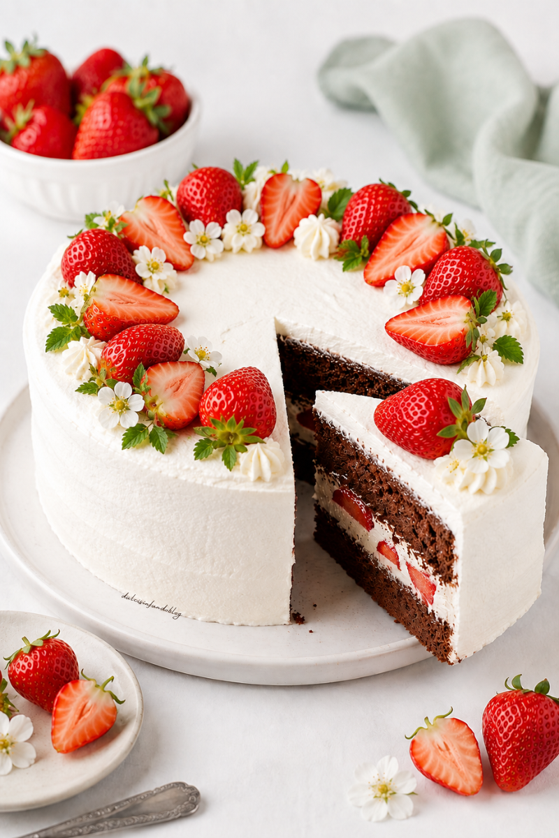 Torta al cioccolato con panna e fragole