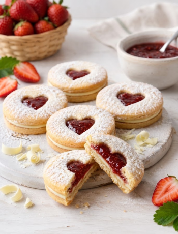 biscotti tipo Linzer con cioccolato bianco e marmellata di fragole