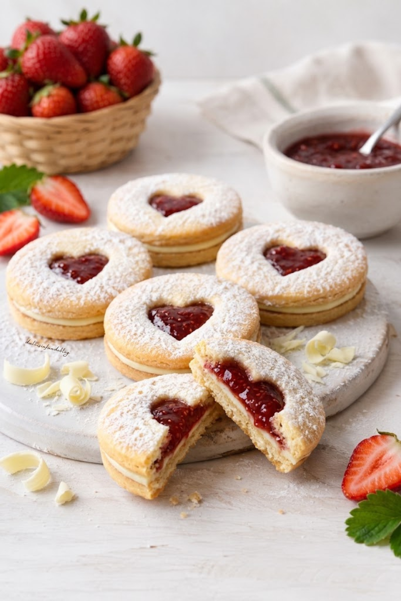 biscotti tipo Linzer con cioccolato bianco e marmellata di fragole