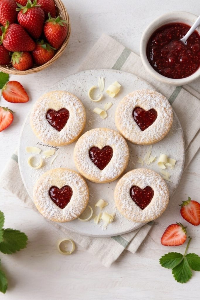 biscotti tipo Linzer con cioccolato bianco e marmellata di fragole