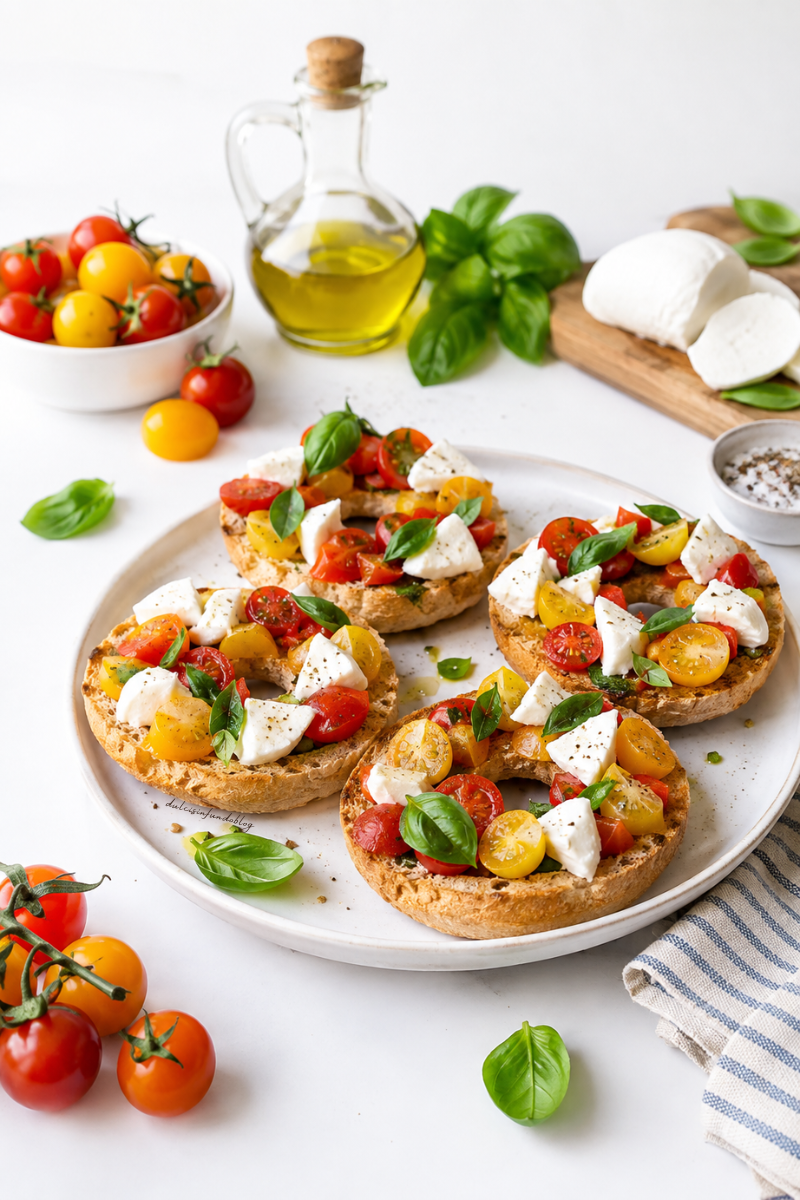 Friselle con pomodorini, mozzarella e basilico