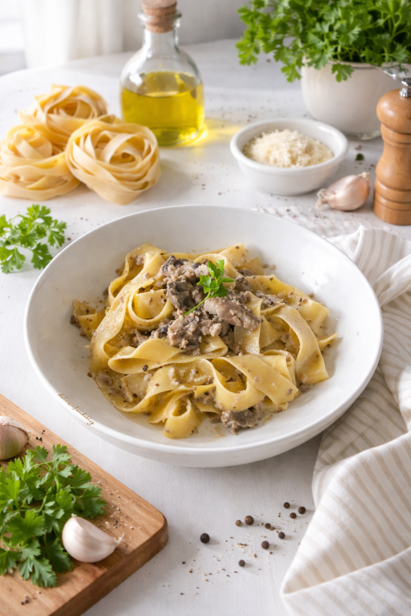Tagliatelle con funghi e salsiccia