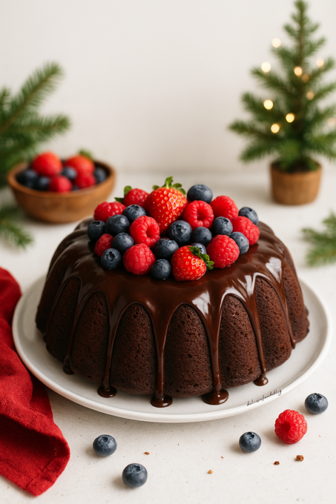 Bundt cake al cioccolato con glassa e frutti di bosco
