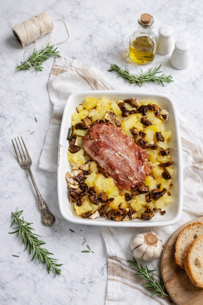 Polpettone in crosta di speck con patate e funghi