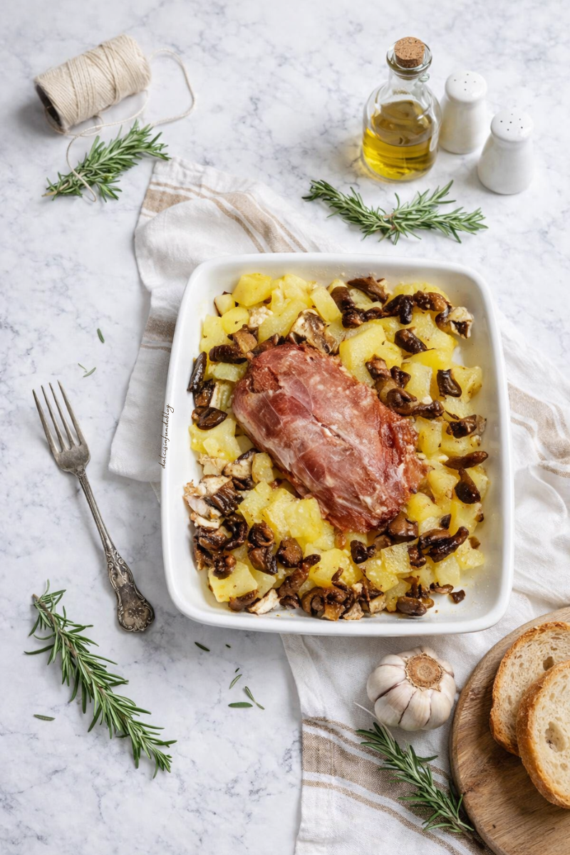 Polpettone in crosta di speck con patate e funghi