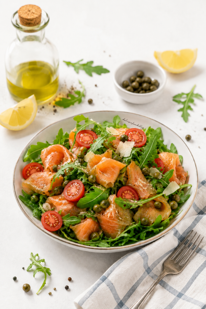 Insalata di salmone affumicato e rucola fresca